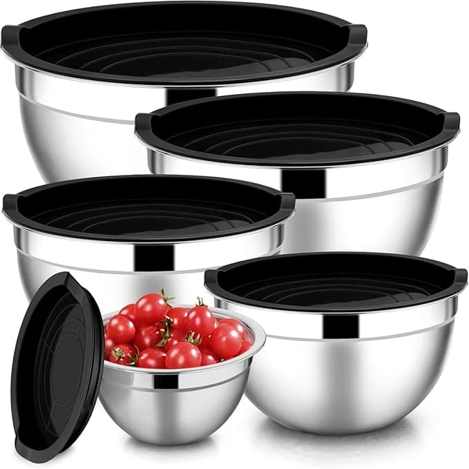 Conjunto de 5 Bowls Tigelas de Inox com Tampa Plástica Kit